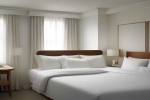Crisp white hotel-style bed with plush comforter