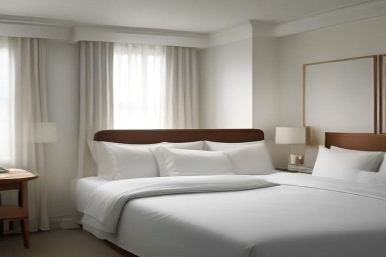 Crisp white hotel-style bed with plush comforter