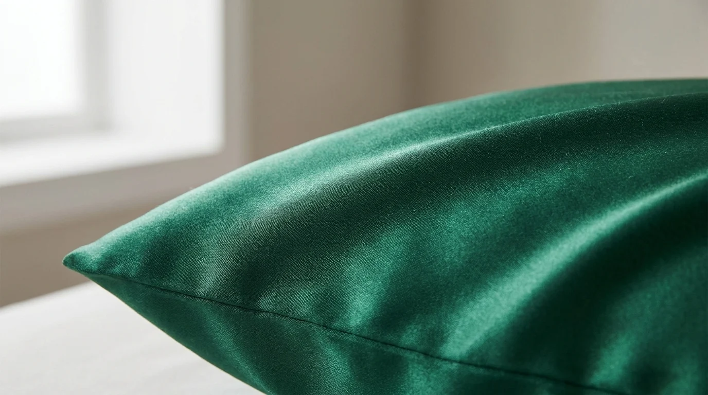 Close-up of emerald silk pillowcase fabric sheen and texture