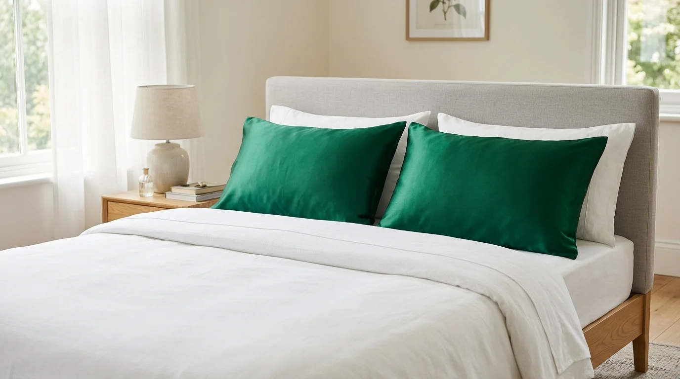 A pair of matching emerald-green silk pillowcases on a neatly made bed