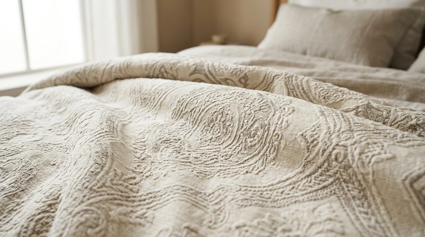 Close-up of a comforter's textured jacquard fabric pattern