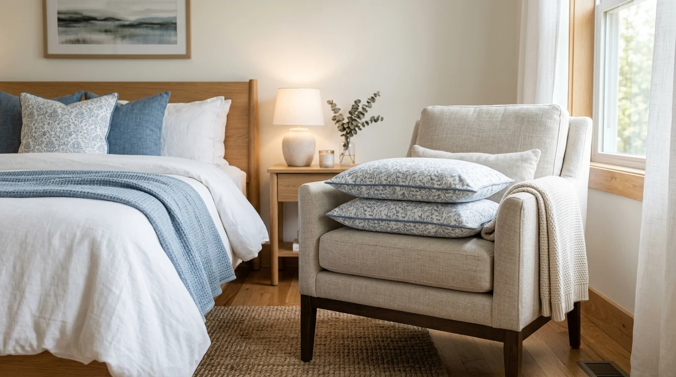 Matching pillow shams stacked neatly on an armchair near a bed