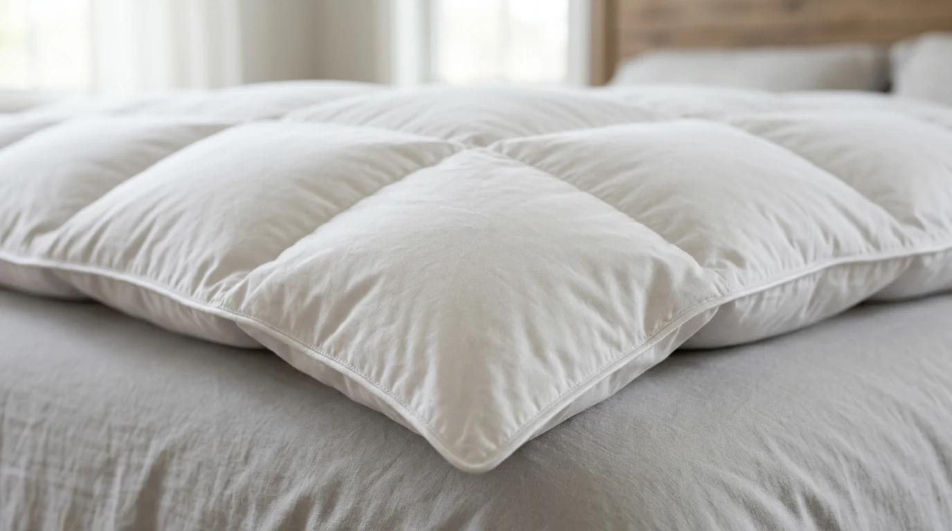 Close-up of a comforter corner showing baffle-box stitching pattern