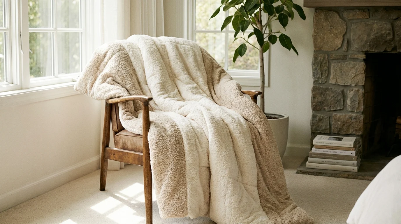 A comforter draped over a wooden armchair in a cozy bedroom corner