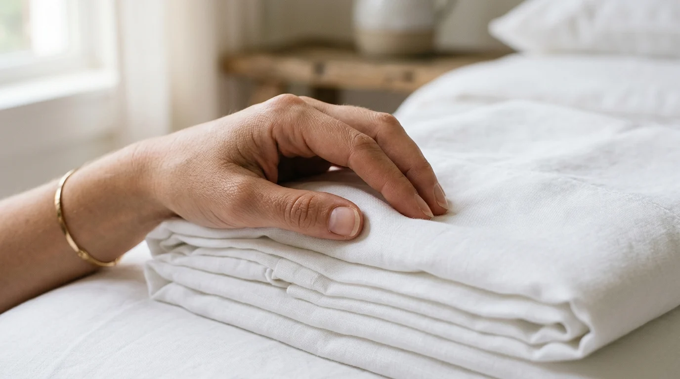Close-up of a hand feeling the texture of a folded white bedsheet