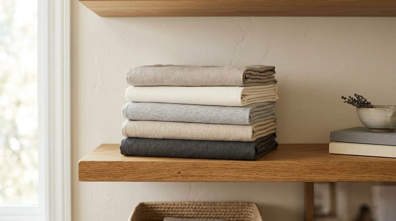 A stack of folded sheets in neutral colors arranged on an open shelf