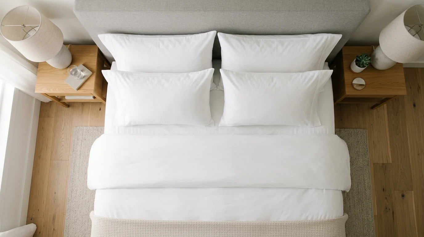 Overhead shot of a hotel-style bed with four graduated pillows arranged neatly