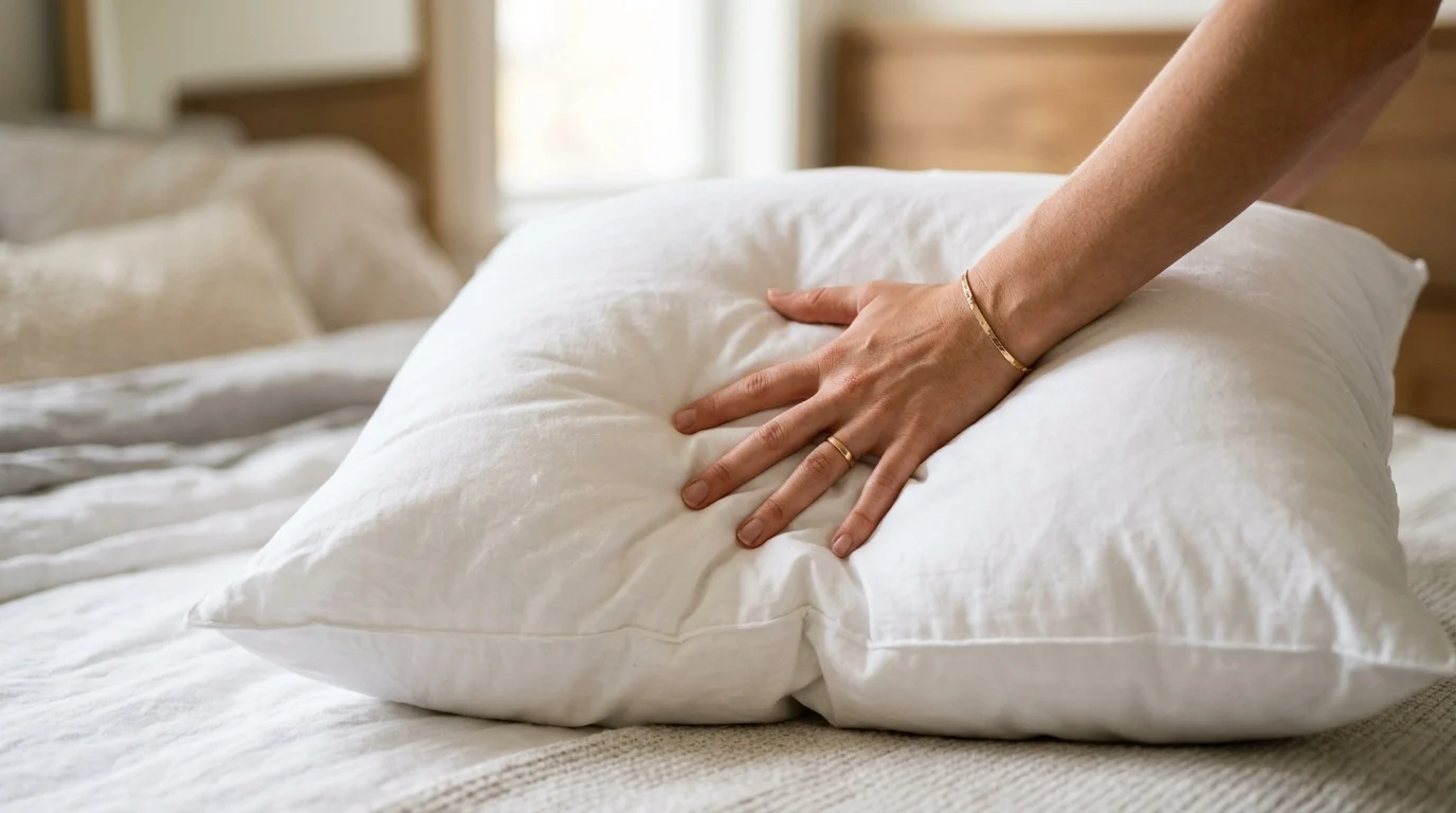 Close-up of a hand fluffing a plush white pillow