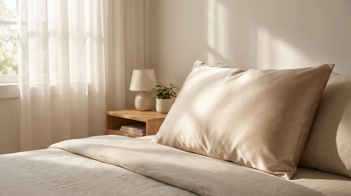 Champagne-colored silk pillowcase on a bed pillow in soft morning light
