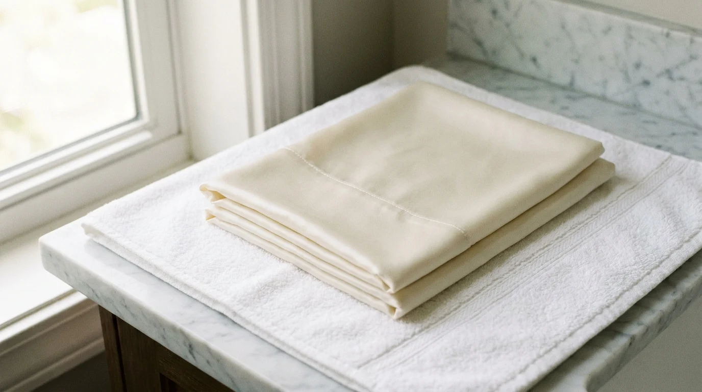Folded silk pillowcase laid flat on a towel to air dry
