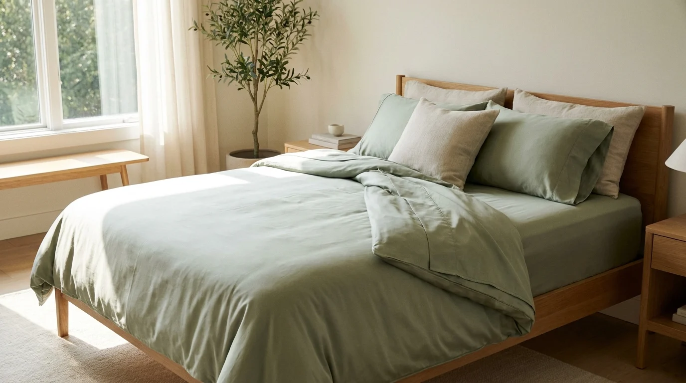 Queen bed made with sage green bamboo sateen sheets and pillowcases in a sunlit bedroom