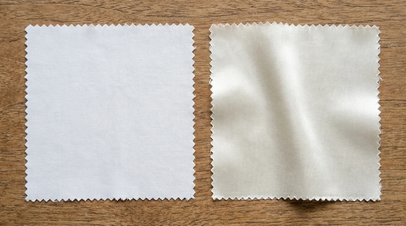 Side-by-side fabric swatches comparing a matte bamboo percale weave and a glossy bamboo sateen weave