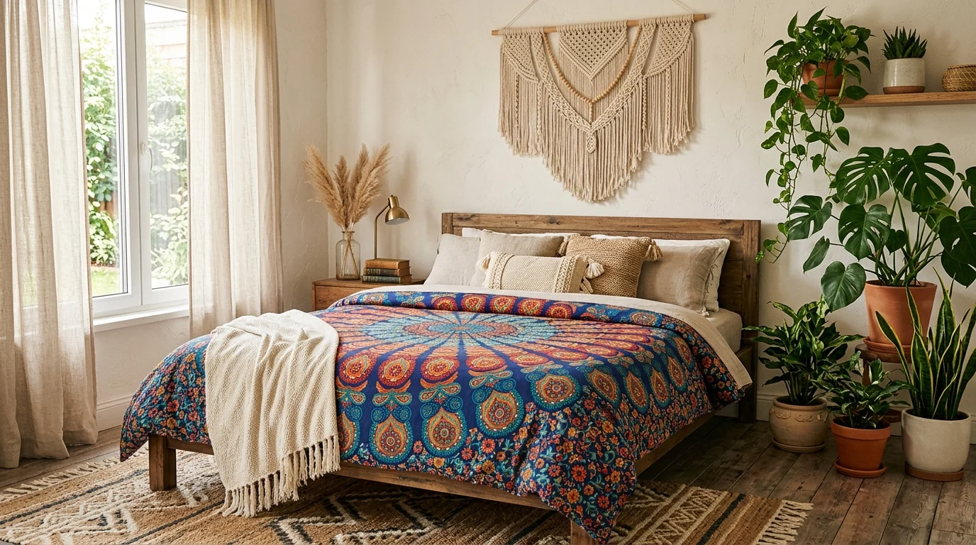 Boho bedroom with a colorful mandala print tapestry bedspread, macrame wall hanging, and houseplants