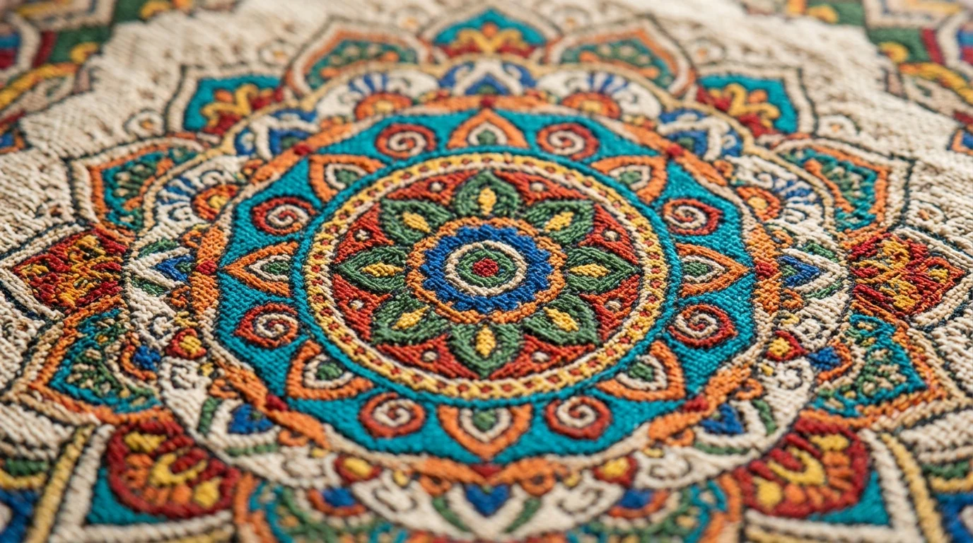 Close-up of a woven cotton tapestry bedspread showing intricate mandala pattern detail