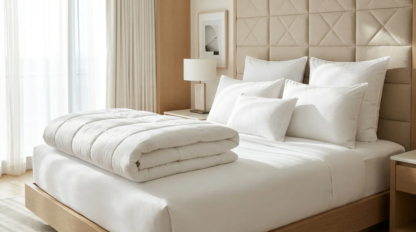 Crisp white hotel-style bed with a plush folded comforter and layered pillows against a padded headboard