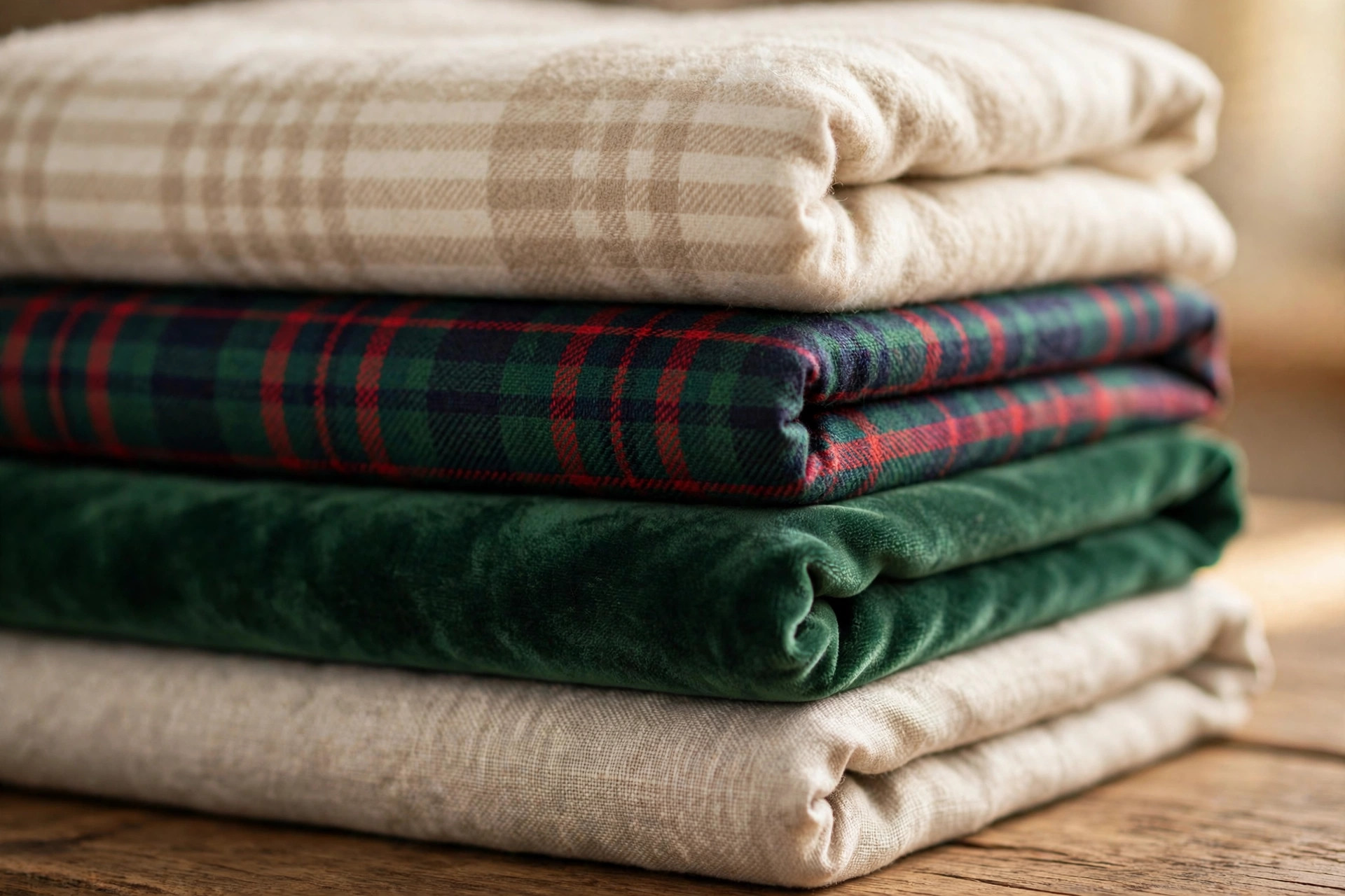 Folded stack of Christmas bedding fabrics including flannel, tartan, velvet and linen