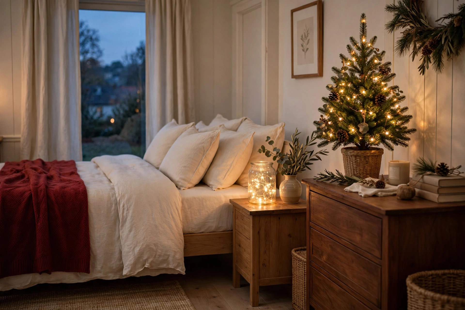 Christmas bedroom with fairy lights in a jar and a small lit tabletop tree