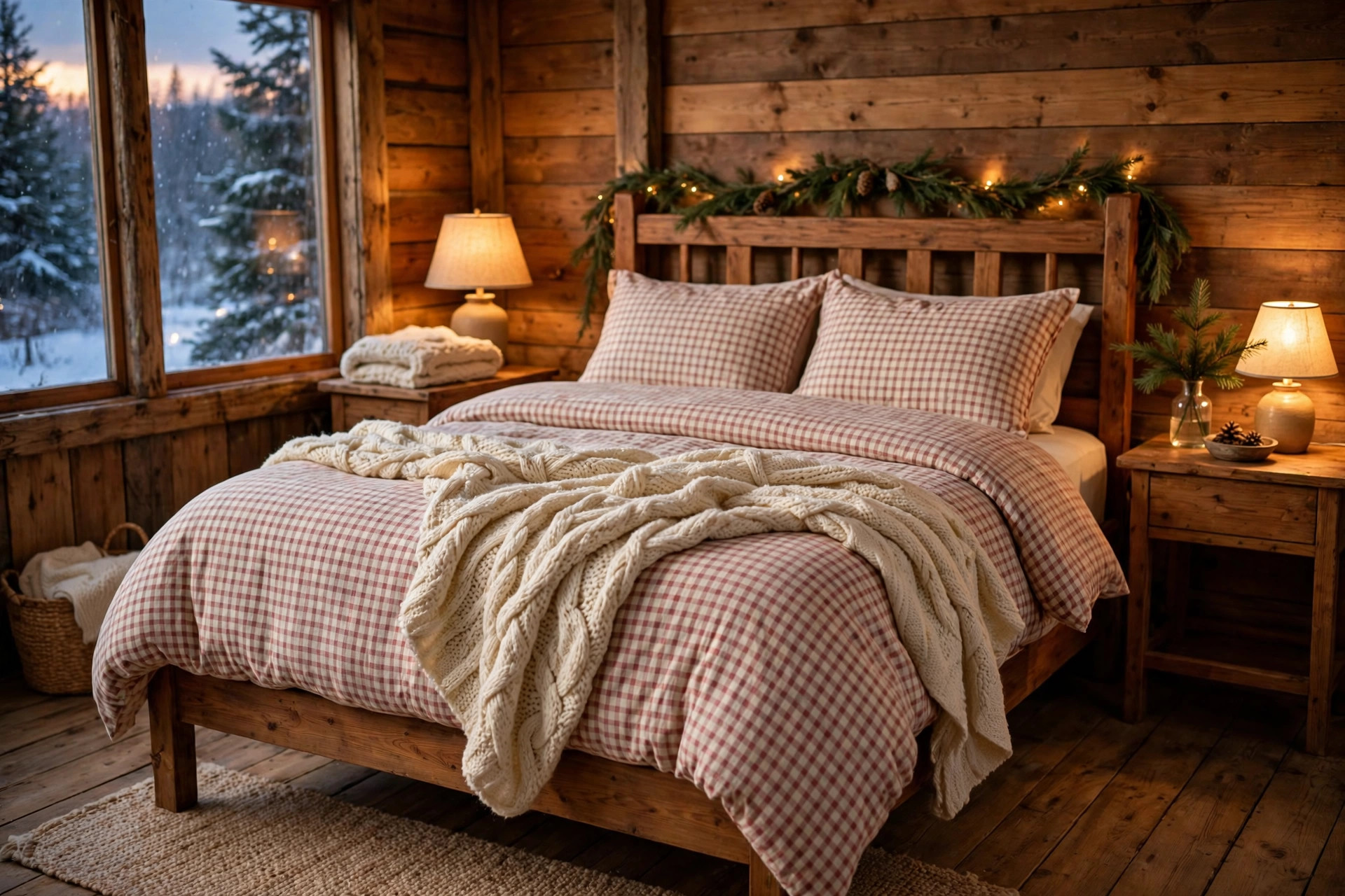 Cozy cabin bedroom with red and cream check flannel Christmas bedding