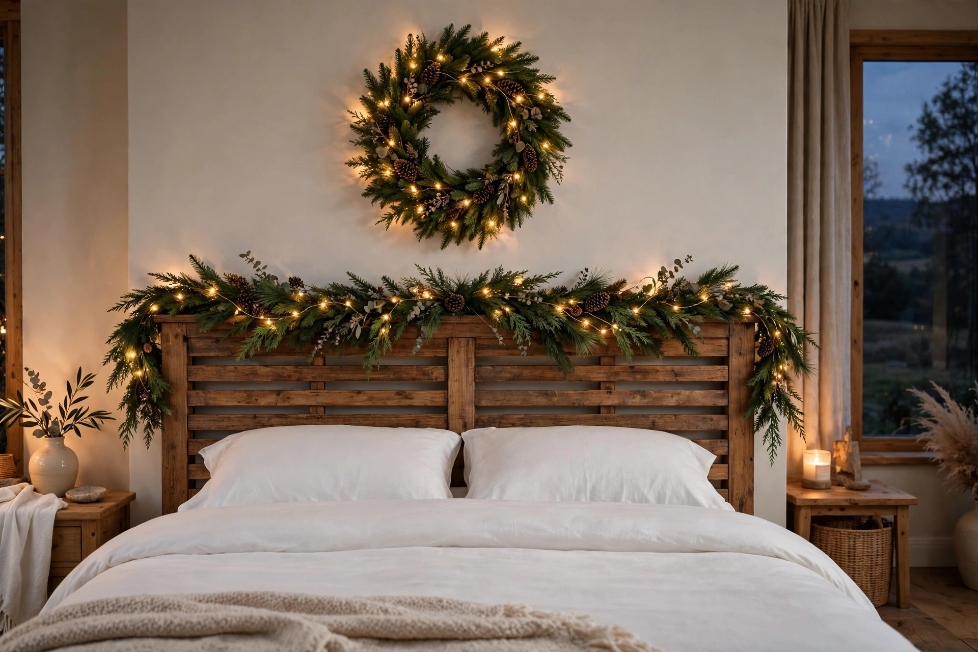 Wooden headboard decorated with a Christmas garland, fairy lights and a wreath