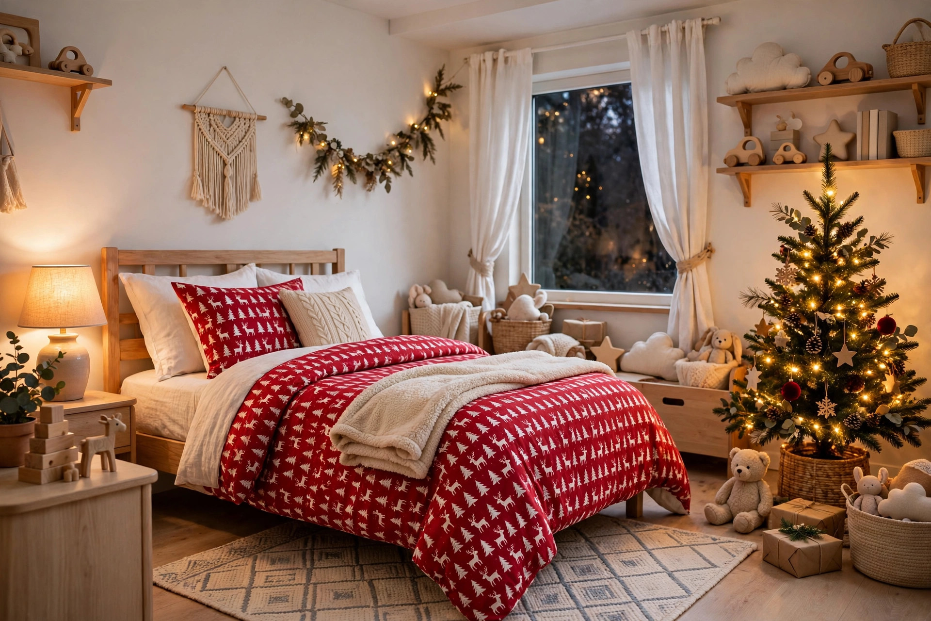 Kids bed with a red Christmas duvet set patterned with trees and reindeer