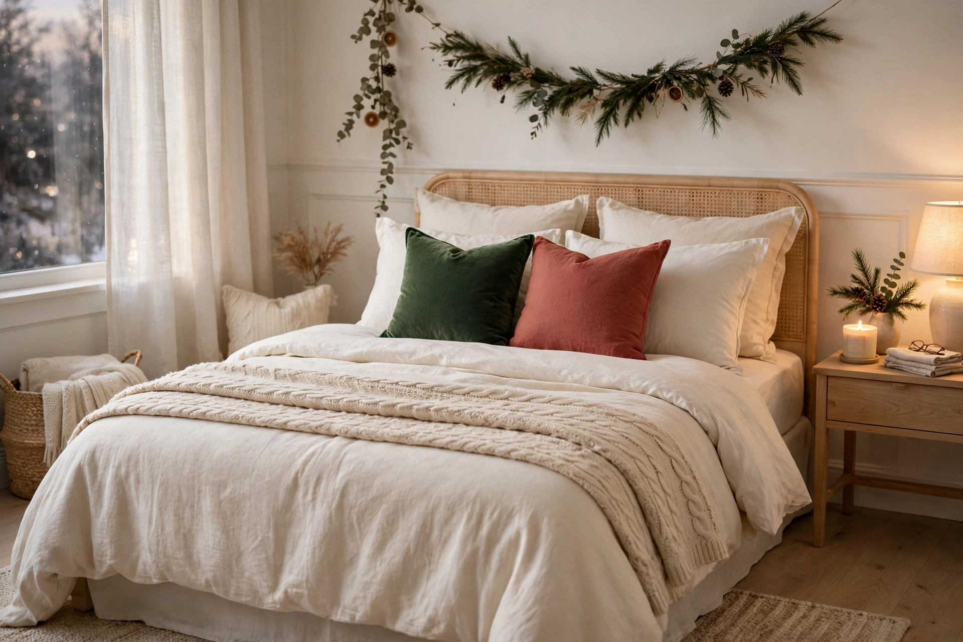 Neutral cream Christmas bedding layered with green and red festive cushions and a knit throw