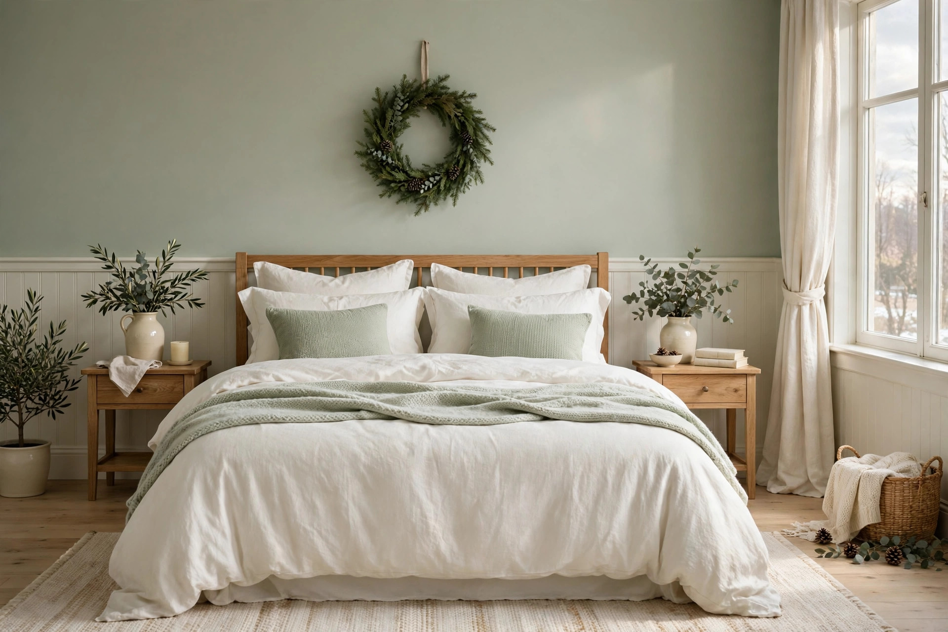 Calm sage green and cream Christmas bedroom with an evergreen wreath above the bed
