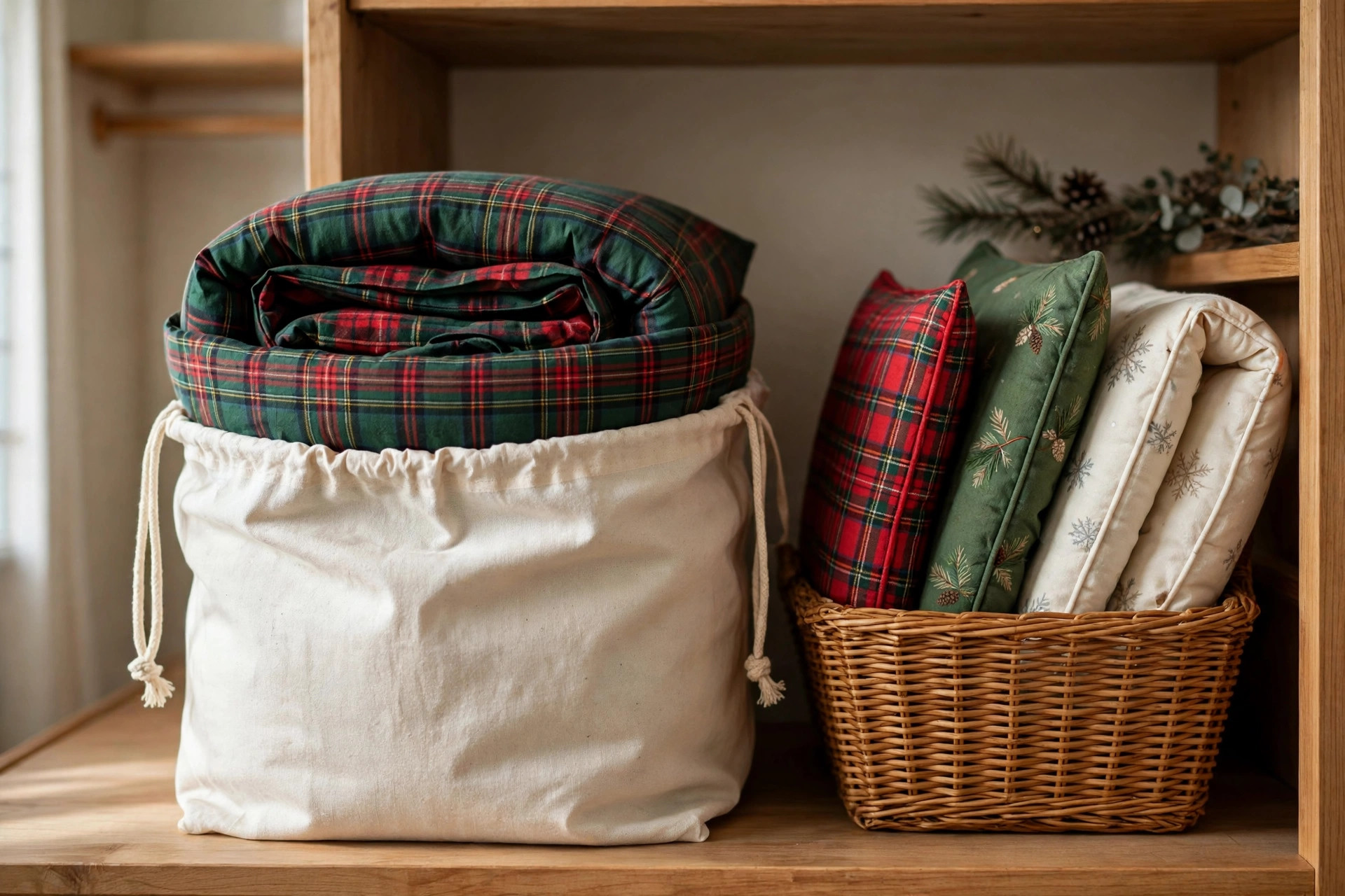 Christmas bedding folded and stored in a cotton bag and basket on a closet shelf