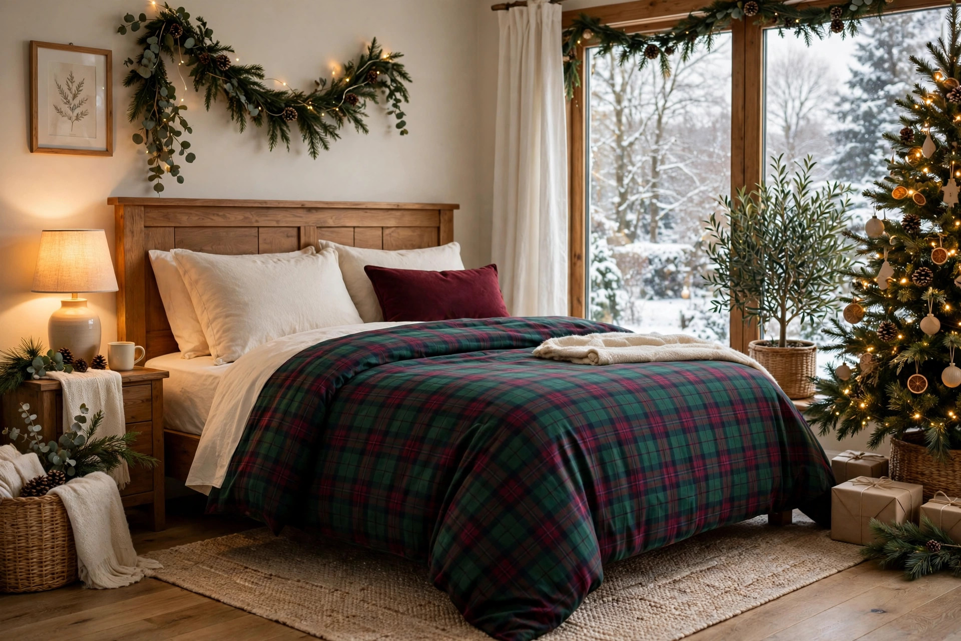 Bed styled with a green and burgundy tartan Christmas duvet cover and a burgundy cushion