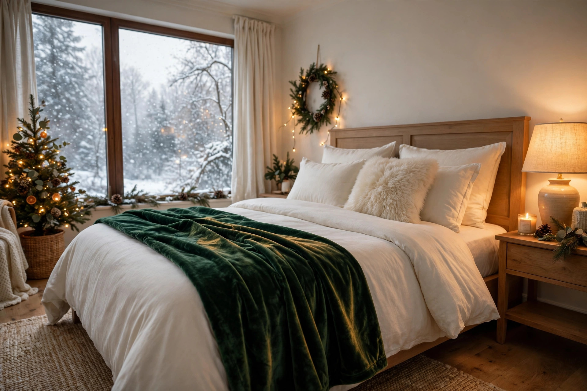 White bedding with an emerald green velvet throw and a faux fur cushion for Christmas