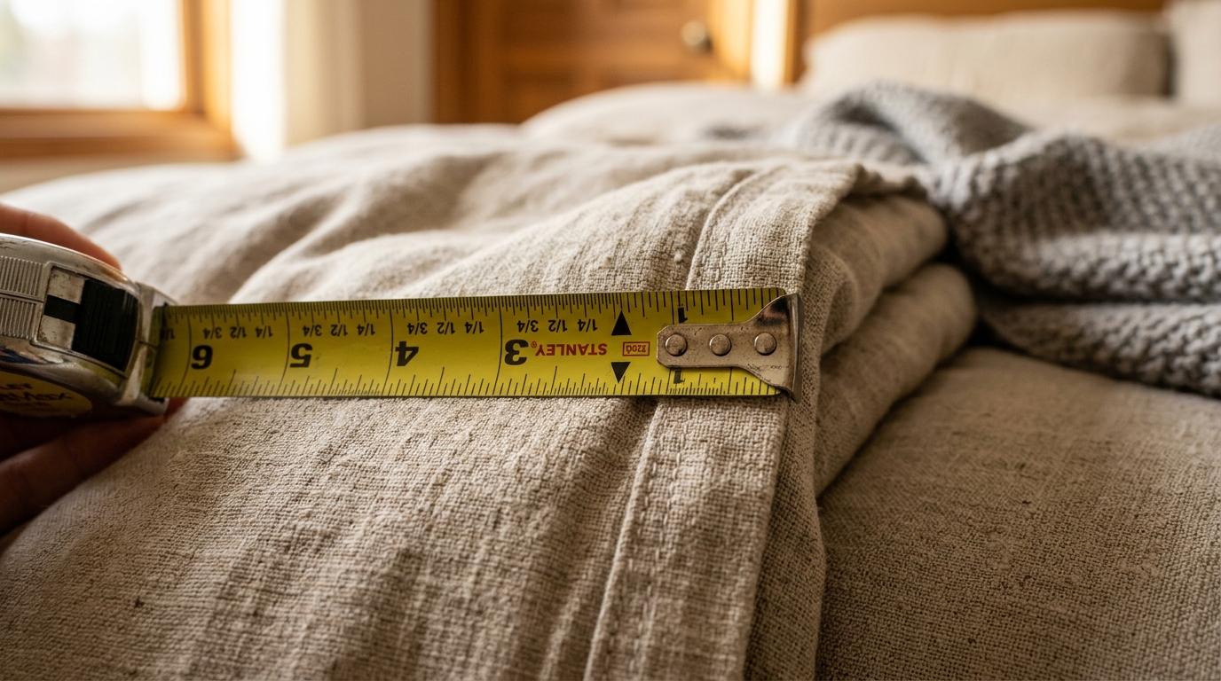 Plush king size bed with measuring tape laid across mattress edge