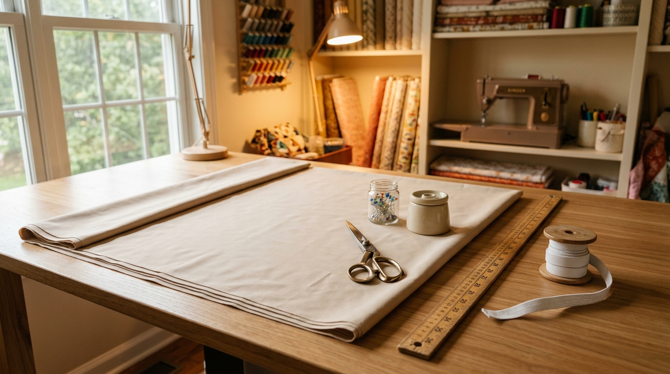 Sewing studio table with measuring tape and linen fabric for duvet cover