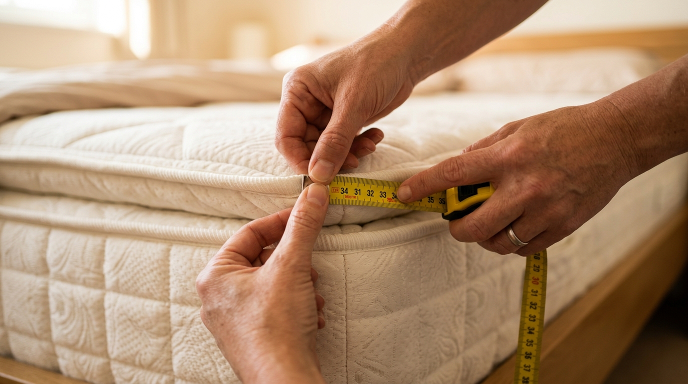 Measuring tape checking the edge of a folded linen duvet cover