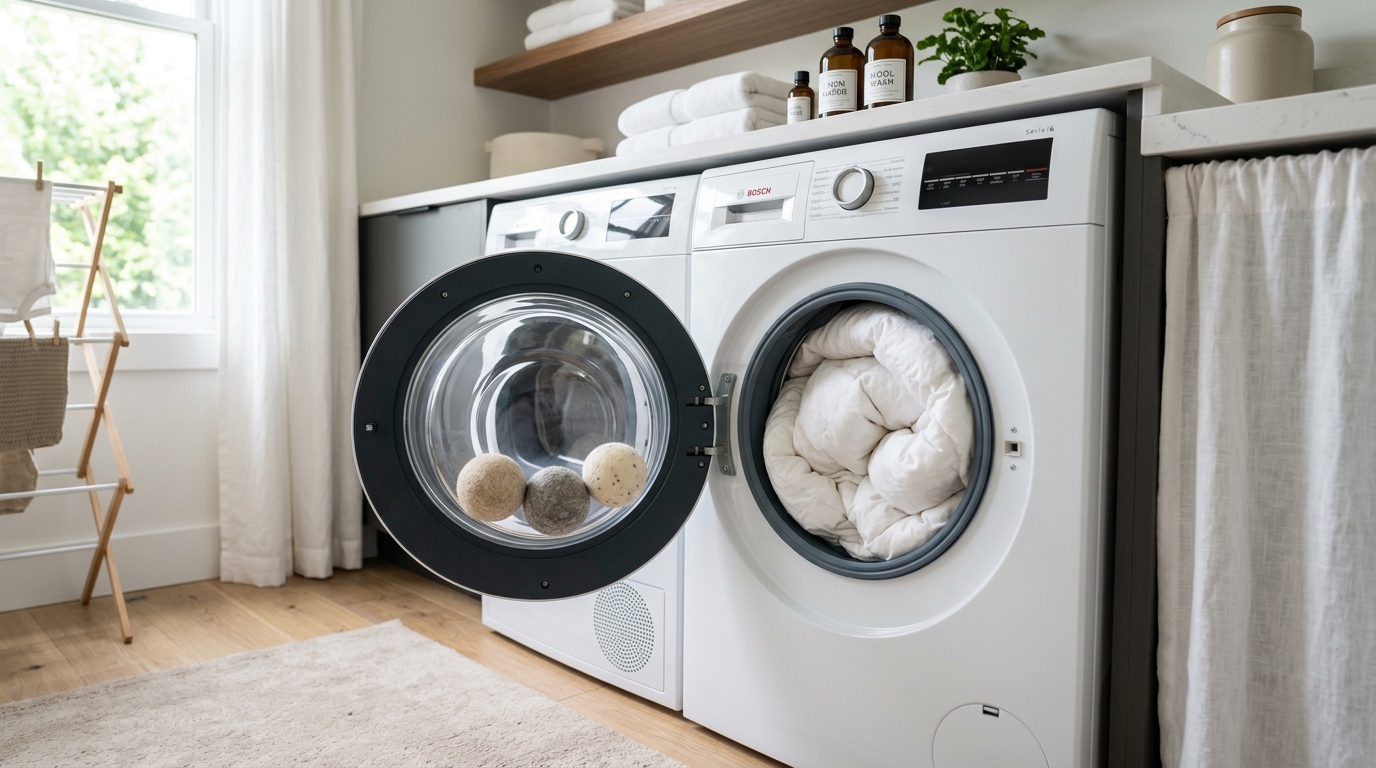White down comforter coming out of a front-loading washing machine