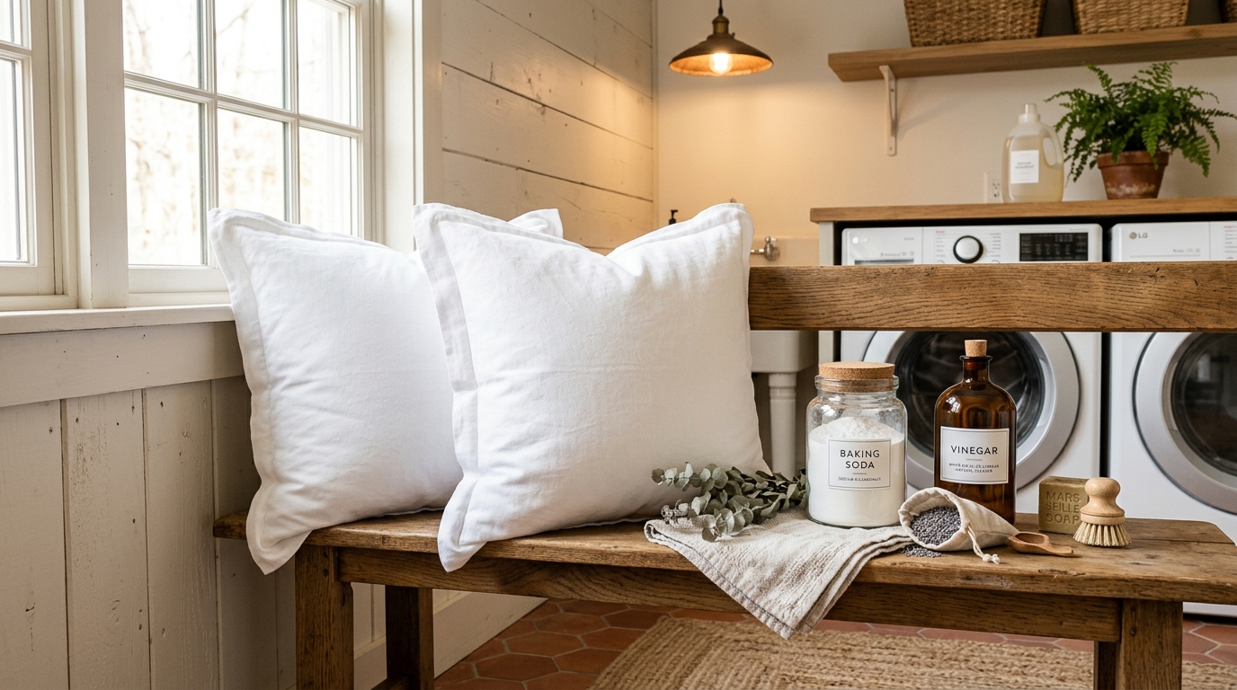 Clean white pillows sitting next to baking soda and vinegar laundry cleaning supplies